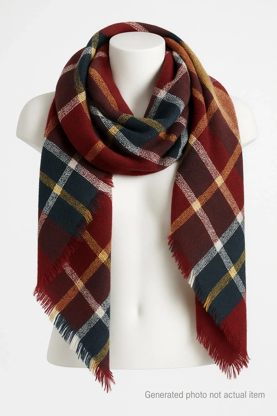 Cozy Plaid Frayed Edge Blanket Scarf Fall Winter Tartan Soft Warm Boho Preppy